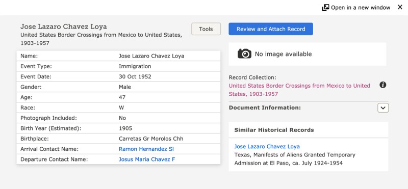 screenshot of us border crossing record from Mexico