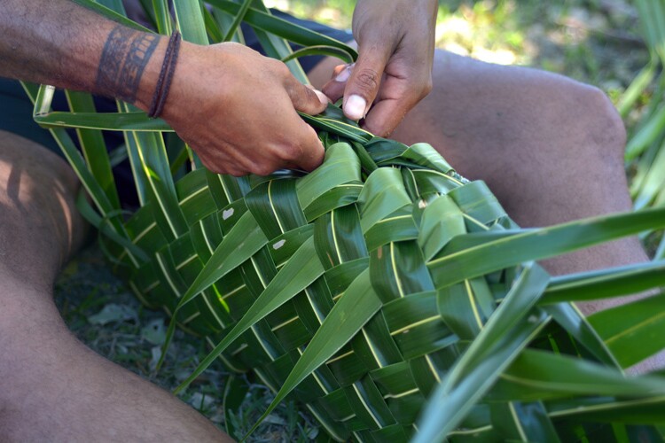 weaving basket with coconut palm fronds