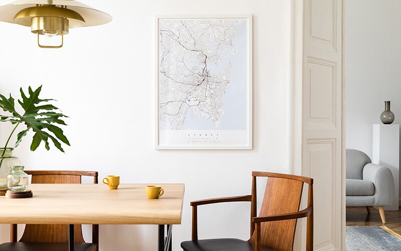 A decorative homeland map hanging on wall.