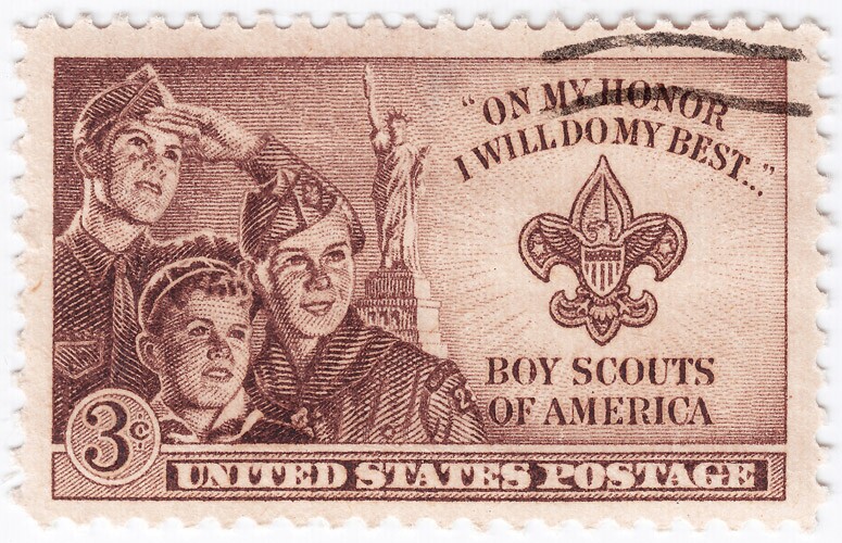 the boy scouts of america logo on a stamp, which has a fleur de lis on it.