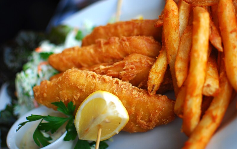 fish and chips on a platter