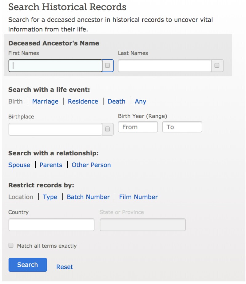 A screenshot of the search records page, where you can find your ancestors.