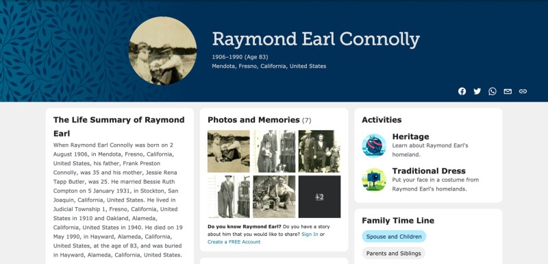 ancestor page screenshot for raymond earl connolly