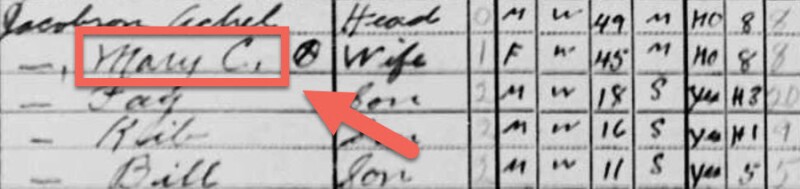 Screenshot of the name Mary C. in a 1940 U.S. census record.