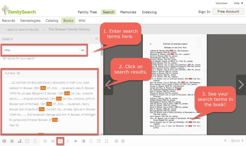 Search within a family history book from the FamilySearch digital library.