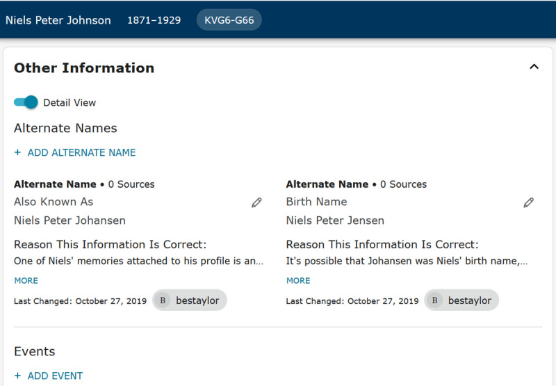 Screenshot showing new organization for the Other Information section.