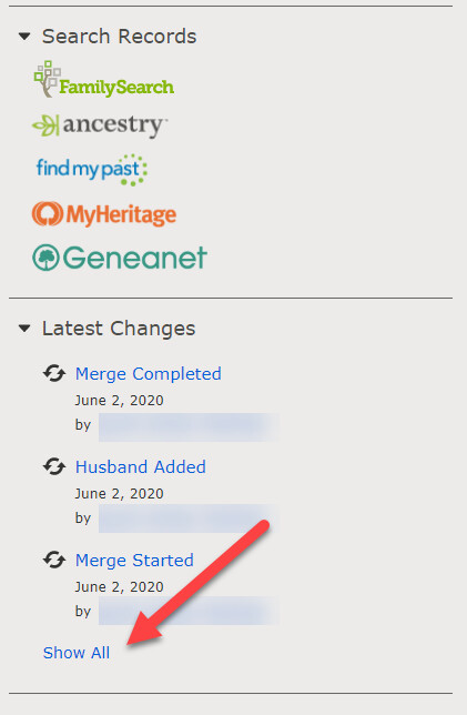 the latest changes tab on FamilySearch