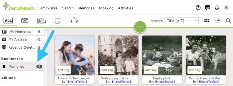 Screenshot of Bookmarks link on FamilySearch Memories page.