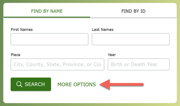 A screenshot of the search box from the Family Tree Find on FamilySearch.org.