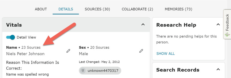 Screenshot of source tagging indicator on FamilySearch.org