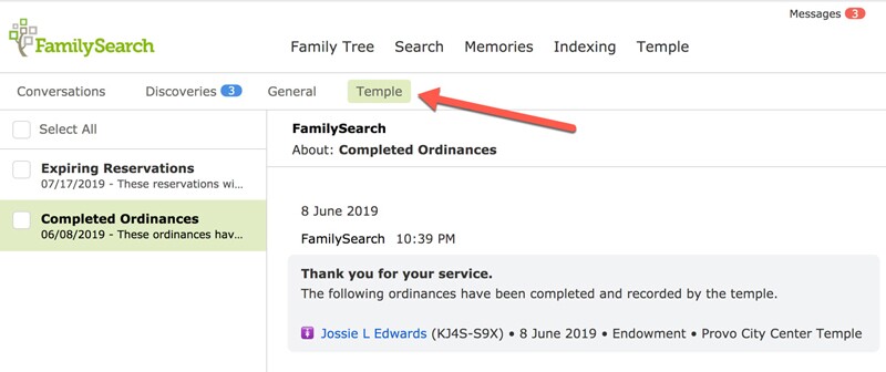 Screenshot of Temple tab in FamilySearch Messages.