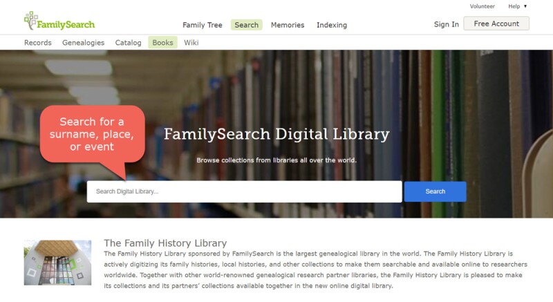 Searching for a family history book. FamilySearch Digital Library.