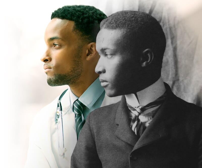 Young African American man looking into the distance, in profile next to his ancestor.