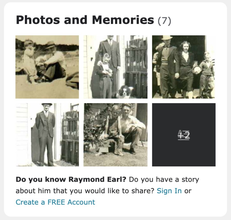 photos and memories screenshot for ancestor page