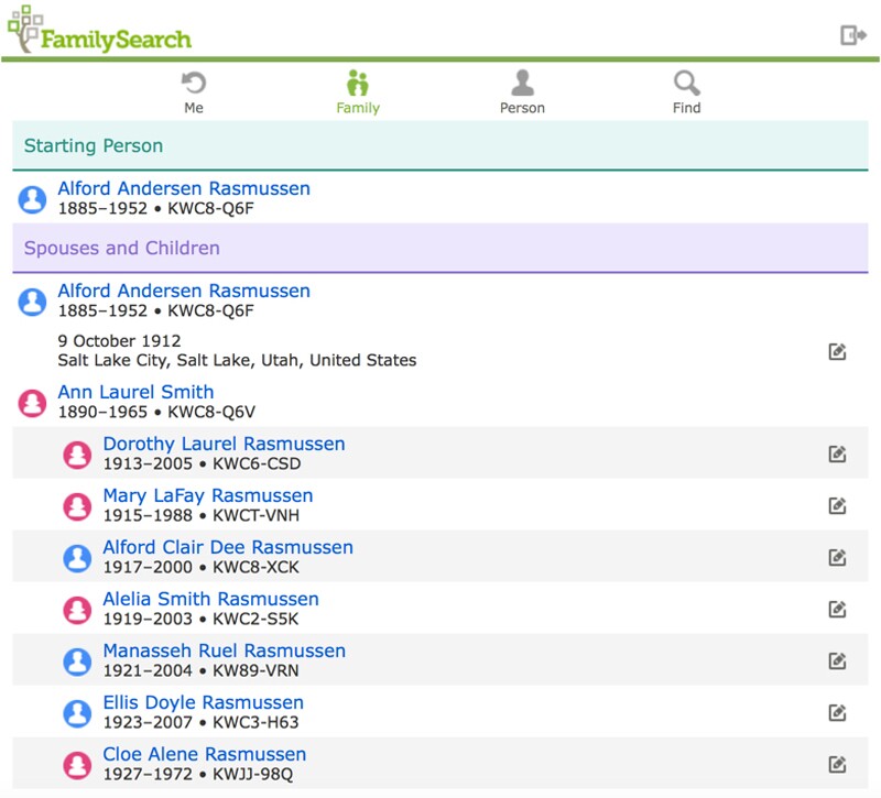 A screenshot of the family tree lite app