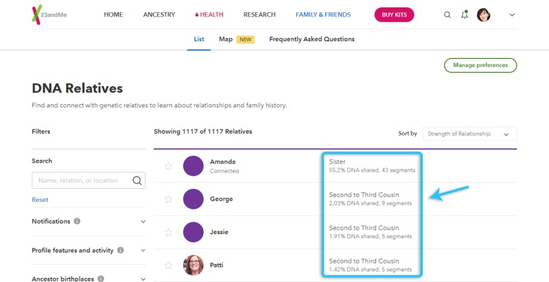 DNA match list screenshot from 23andme.com. How DNA cousins are categorized.