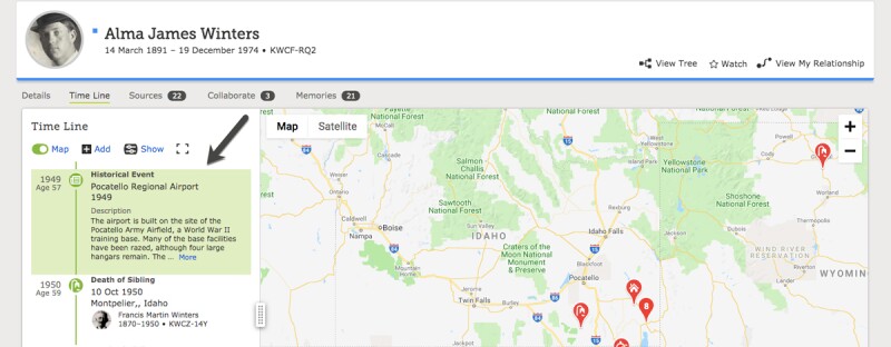 Historical event on ancestor page in the Family Tree.