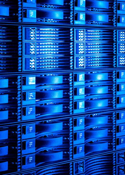Stack of digital storage servers.