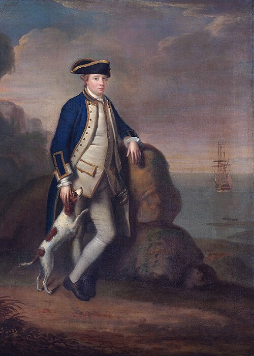 Portrait of Edward Pakenham with a dog at Port New Orleans.