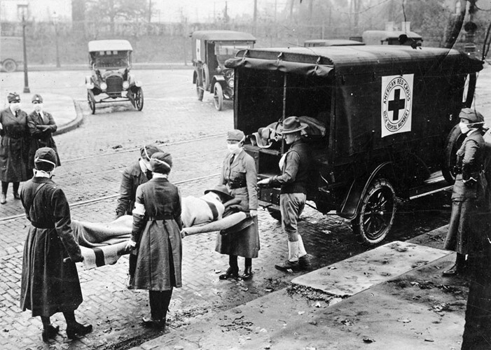 an ambulance carriage carries a man with the Spanish Flu of 1918.