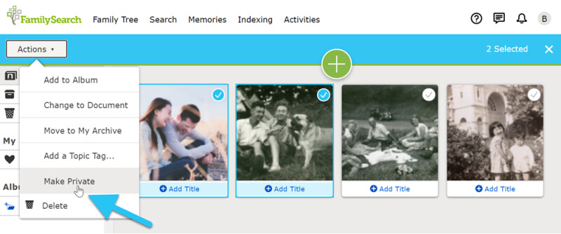 Screenshot of how to make memories private on FamilySearch.