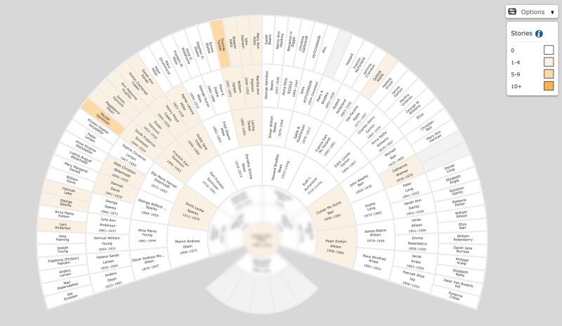 fan chart of stories attached to family tree