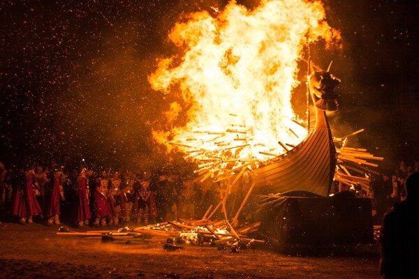 viking ship burning in viking festival