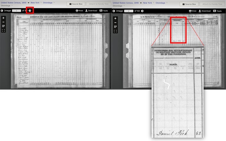 1840 census pages with highlight of Revolutionary War pension information