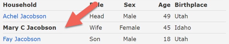 Screenshot of 1940 census index for Mary C. Jacobson.
