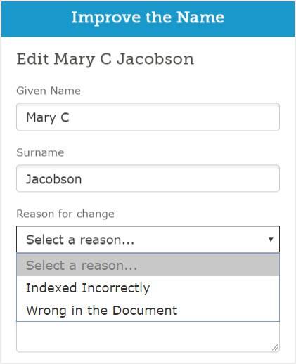 Screenshot of the Improve the Name box on FamilySearch.