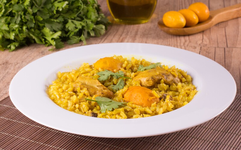 Authentic chicken with pequi dish from Brazil, or frango com pequi.
