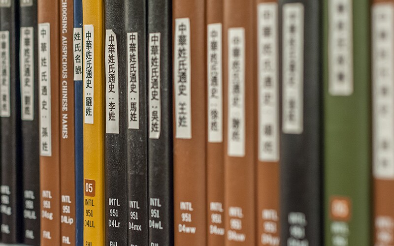 Books in multiple languages at a library.