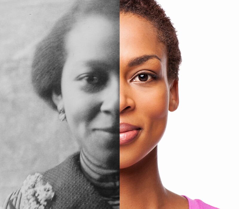 Picture of an African American woman shown with her ancestor, their faces combined.