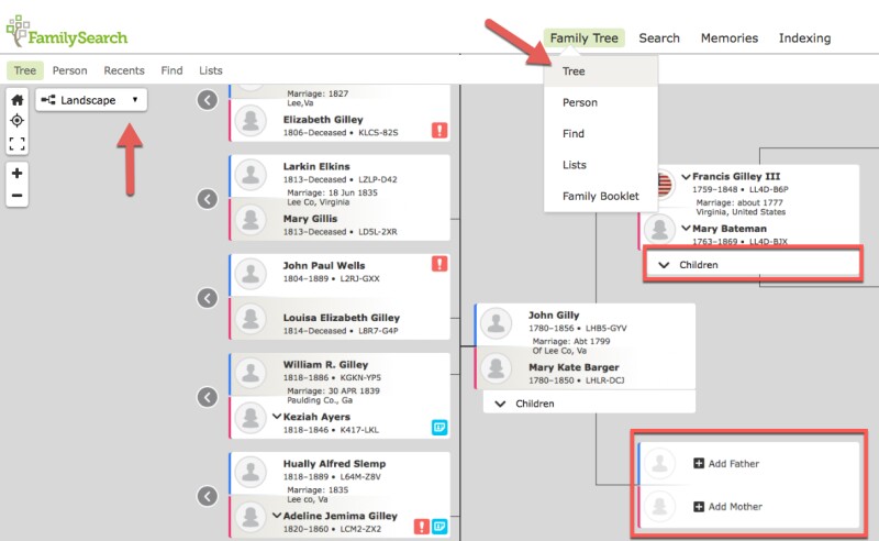 Screenshot of the family tree view on FamilySearch.org.