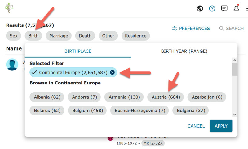 Screenshot showing a search filtered by birth country.