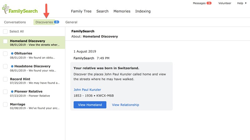 Screenshot of Discoveries tab in FamilySearch Messages.