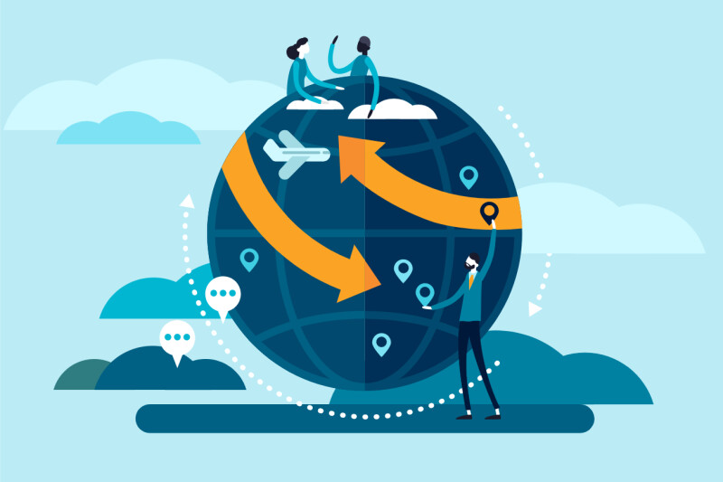 Graphic showing a globe with people travelling and discussing different locations all around the world.