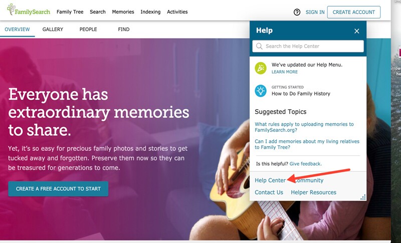 The help center on FamilySearch.org.