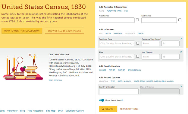 Screen shot of 1830 US Census search page on FamilySearch.org