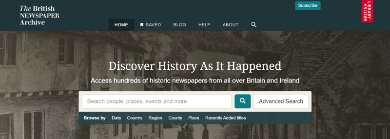 The British Newspaper Archive homepage.