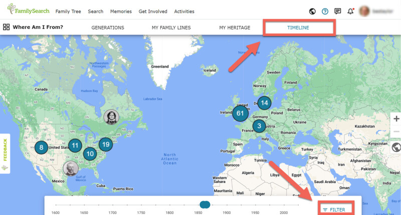 A screenshot of the map feature on FamilySearch.org, showing where to find the Time Line and Filter buttons.