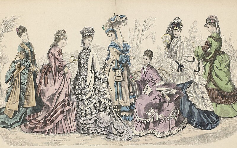 Women in the 1870s wore colorful dresses with ruffles and hats.