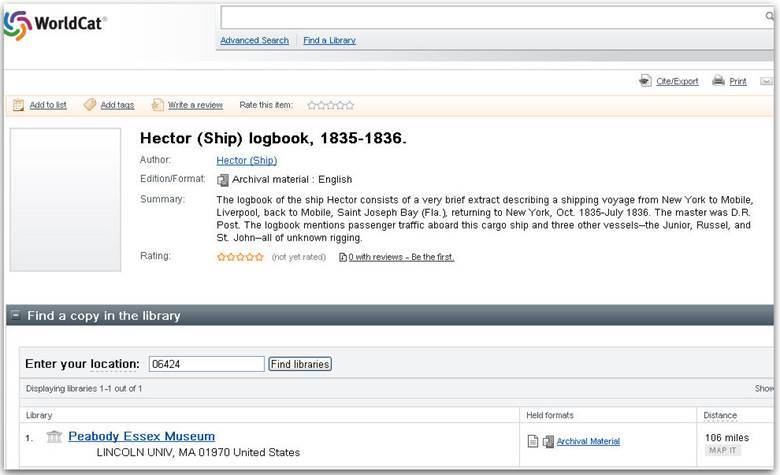 “Hector (Ship) Logbook, 1835–1836,” accessed on WorldCat.com