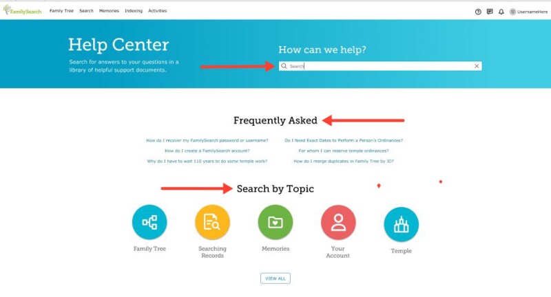 the main page of the FamilySearch Help Center