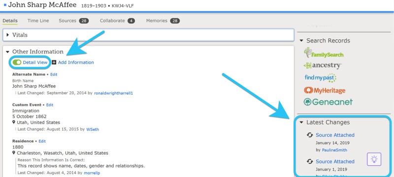 A screenshot with arrows showing detail view and how to see latest changes.