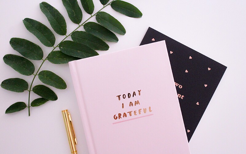 Gratitude journal that says "Today I am grateful" on front cover.