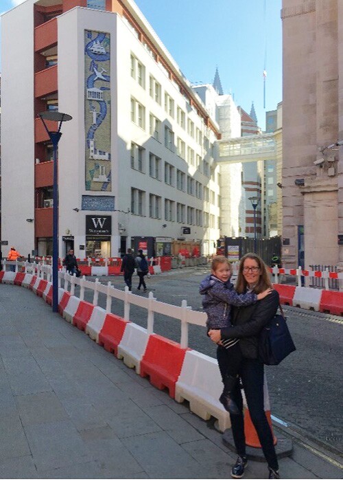 Heather Nickerson with her daughter traveling in London